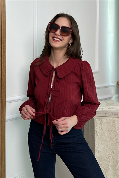Fiyonklu Crop Bluz - BORDO