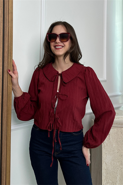 Fiyonklu Crop Bluz - BORDO