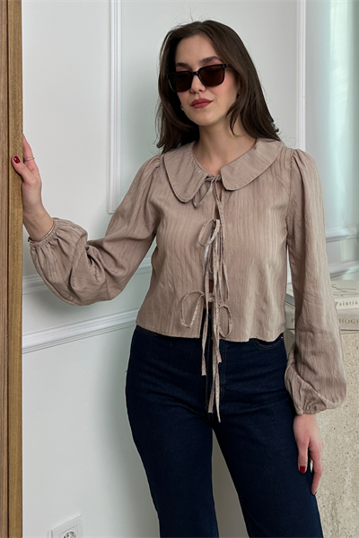 Fiyonklu Crop Bluz - CAMEL