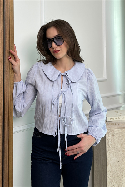 Fiyonklu Crop Bluz - MAVİ