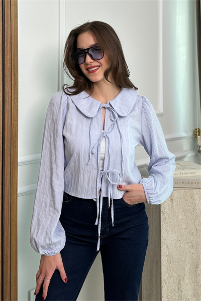 Fiyonklu Crop Bluz - MAVİ