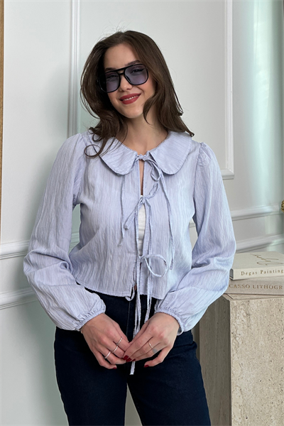 Fiyonklu Crop Bluz - MAVİ