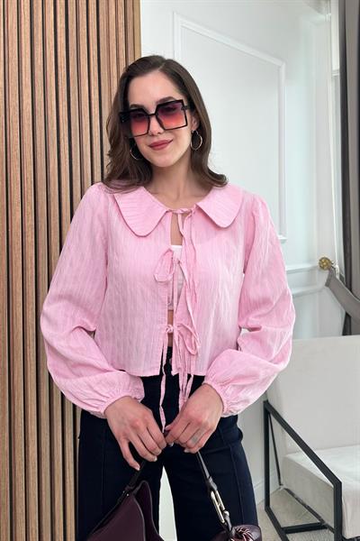 Fiyonklu Crop Bluz - PEMBE