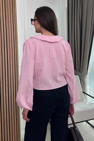Fiyonklu Crop Bluz - PEMBE