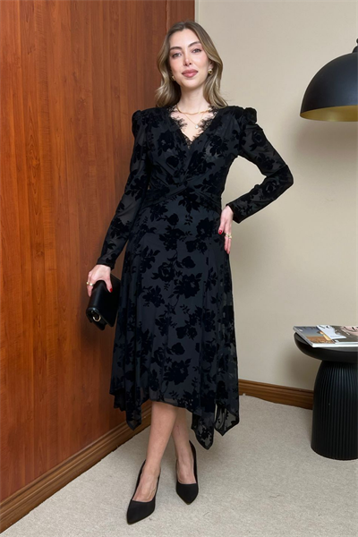 Flok Desenli Elbise - SİYAH