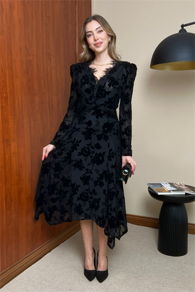 Flok Desenli Elbise - SİYAH