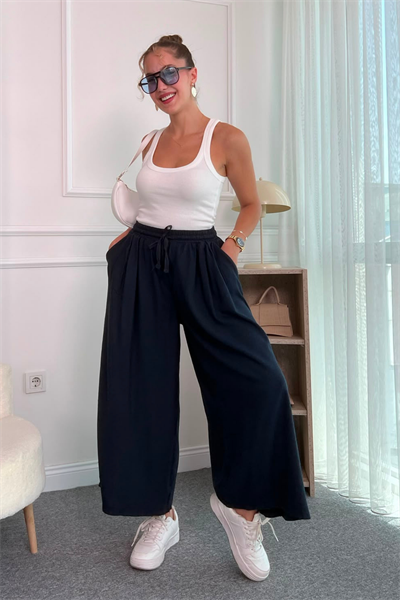 Geniş Paça Keten Pantolon - LACİVERT