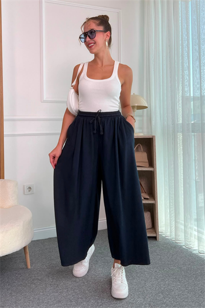 Geniş Paça Keten Pantolon - LACİVERT