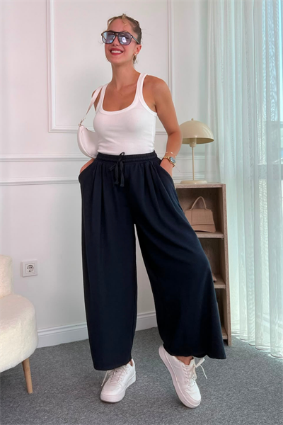 Geniş Paça Keten Pantolon - LACİVERT