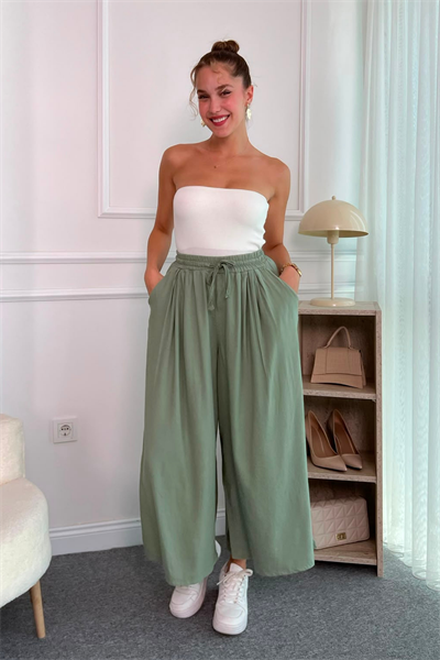 Geniş Paça Keten Pantolon - YEŞİL