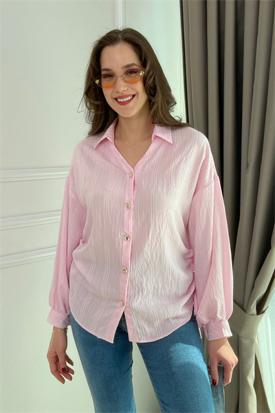 Gold Düğme Büzgülü Gömlek - PEMBE