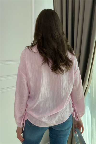 Gold Düğme Büzgülü Gömlek - PEMBE