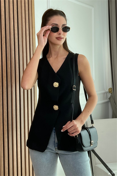 Gold Düğme Yelek - SİYAH