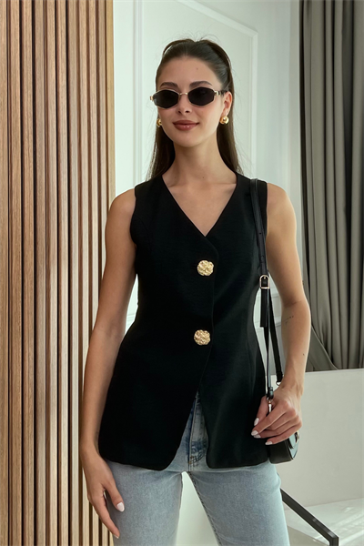 Gold Düğme Yelek - SİYAH