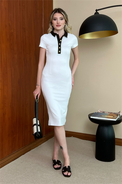 Gold Düğmeli Kalem Elbise - BEYAZ