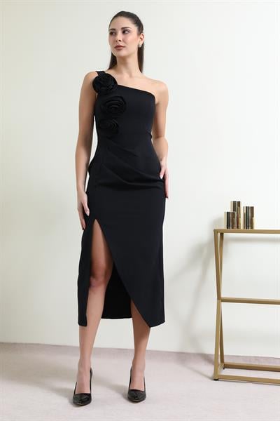 Gül Detay Gece Elbisesi - SİYAH