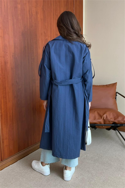 Gümüş Düğme Trençkot - MAVİ