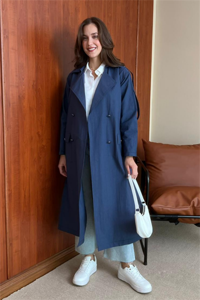 Gümüş Düğme Trençkot - MAVİ