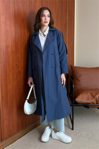 Gümüş Düğme Trençkot - MAVİ