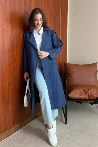 Gümüş Düğme Trençkot - MAVİ