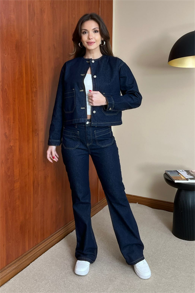 Gümüş Düğmeli Denim Takım - LACİVERT