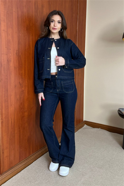 Gümüş Düğmeli Denim Takım - LACİVERT