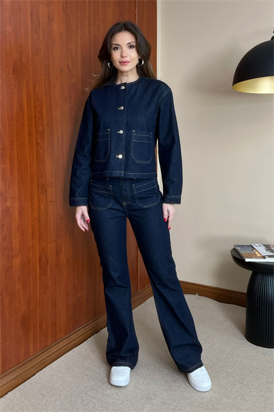 Gümüş Düğmeli Denim Takım - LACİVERT