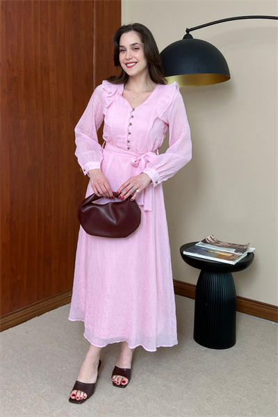 Gümüş Düğmeli Elbise - PEMBE