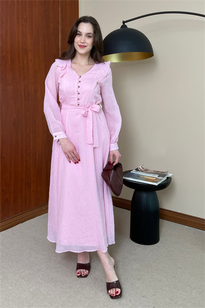 Gümüş Düğmeli Elbise - PEMBE