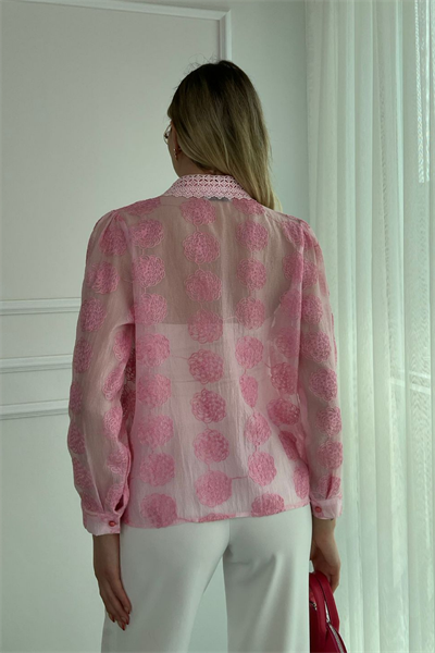 Güpür Yakalı Gömlek - PEMBE