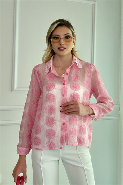 Güpür Yakalı Gömlek - PEMBE
