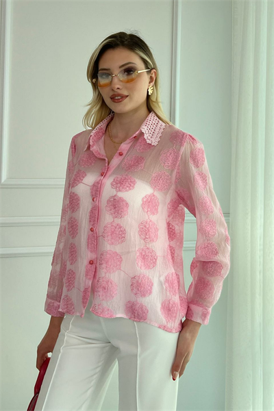 Güpür Yakalı Gömlek - PEMBE