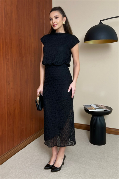 Güpürlü Tasarım Elbise - SİYAH