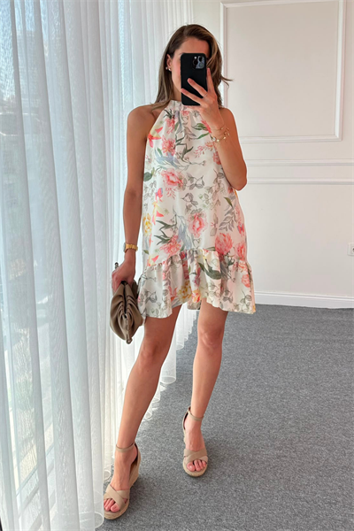 Halter Yaka Mini Elbise - BEYAZ