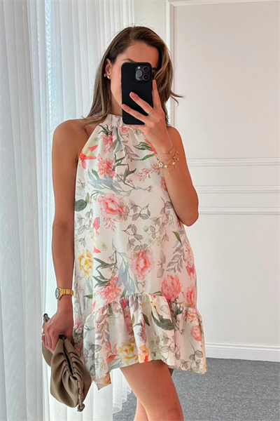 Halter Yaka Mini Elbise - BEYAZ