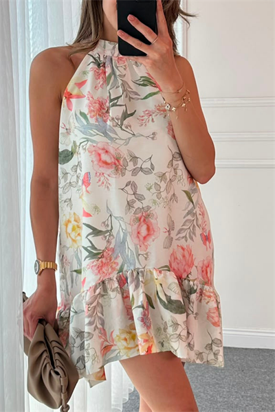 Halter Yaka Mini Elbise - BEYAZ