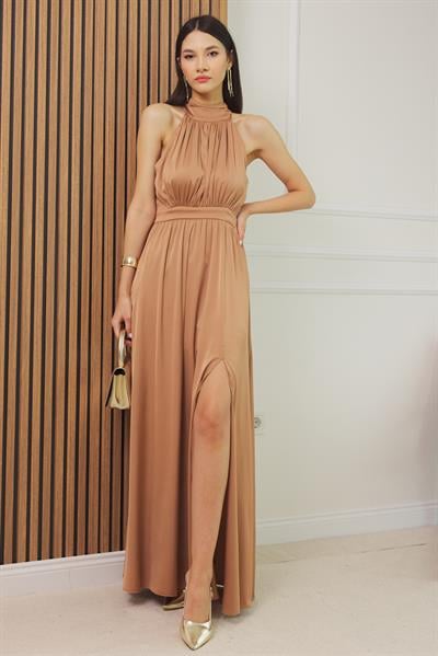 Halter Yaka Saten Elbise - CAMEL