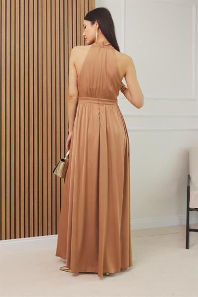 Halter Yaka Saten Elbise - CAMEL
