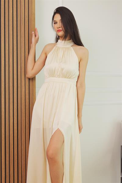 Halter Yaka Saten Elbise - KREM