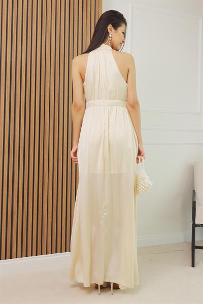 Halter Yaka Saten Elbise - KREM