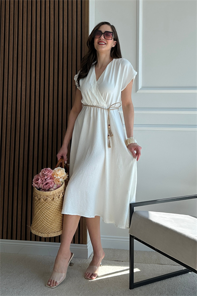 Hasır Kemerli Elbise - BEYAZ