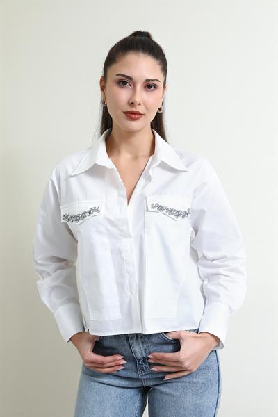 İşlemeli Crop Gömlek - BEYAZ