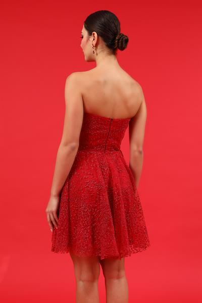 Kabartmalı Mini Abiye - KIRMIZI