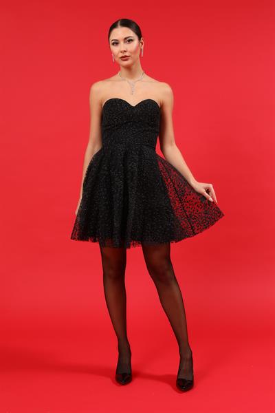 Kabartmalı Mini Abiye - SİYAH