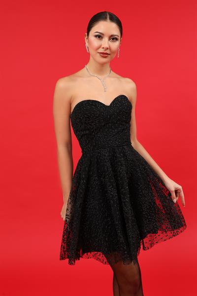 Kabartmalı Mini Abiye - SİYAH