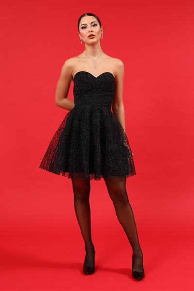 Kabartmalı Mini Abiye - SİYAH