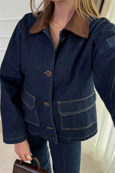 ZR Süet Yaka Denim Ceket - LACİVERT