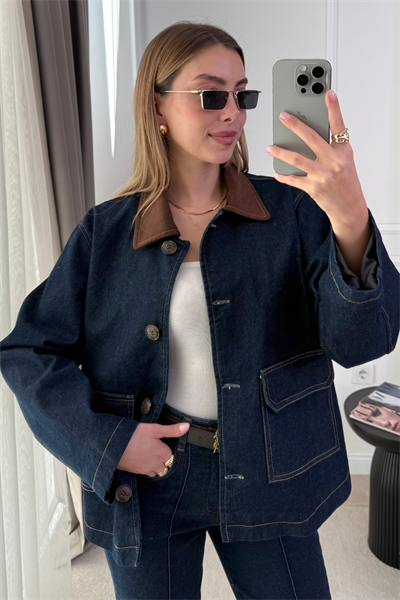 ZR Süet Yaka Denim Ceket - LACİVERT