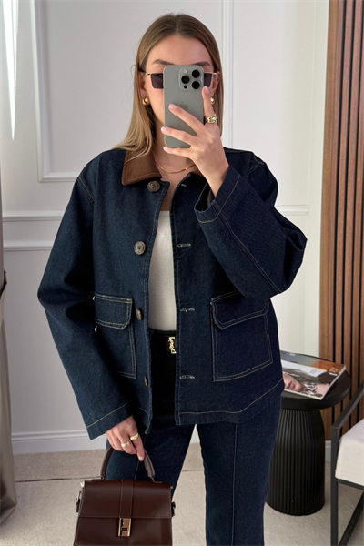 ZR Süet Yaka Denim Ceket - LACİVERT