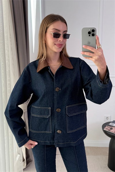 ZR Süet Yaka Denim Ceket - LACİVERT